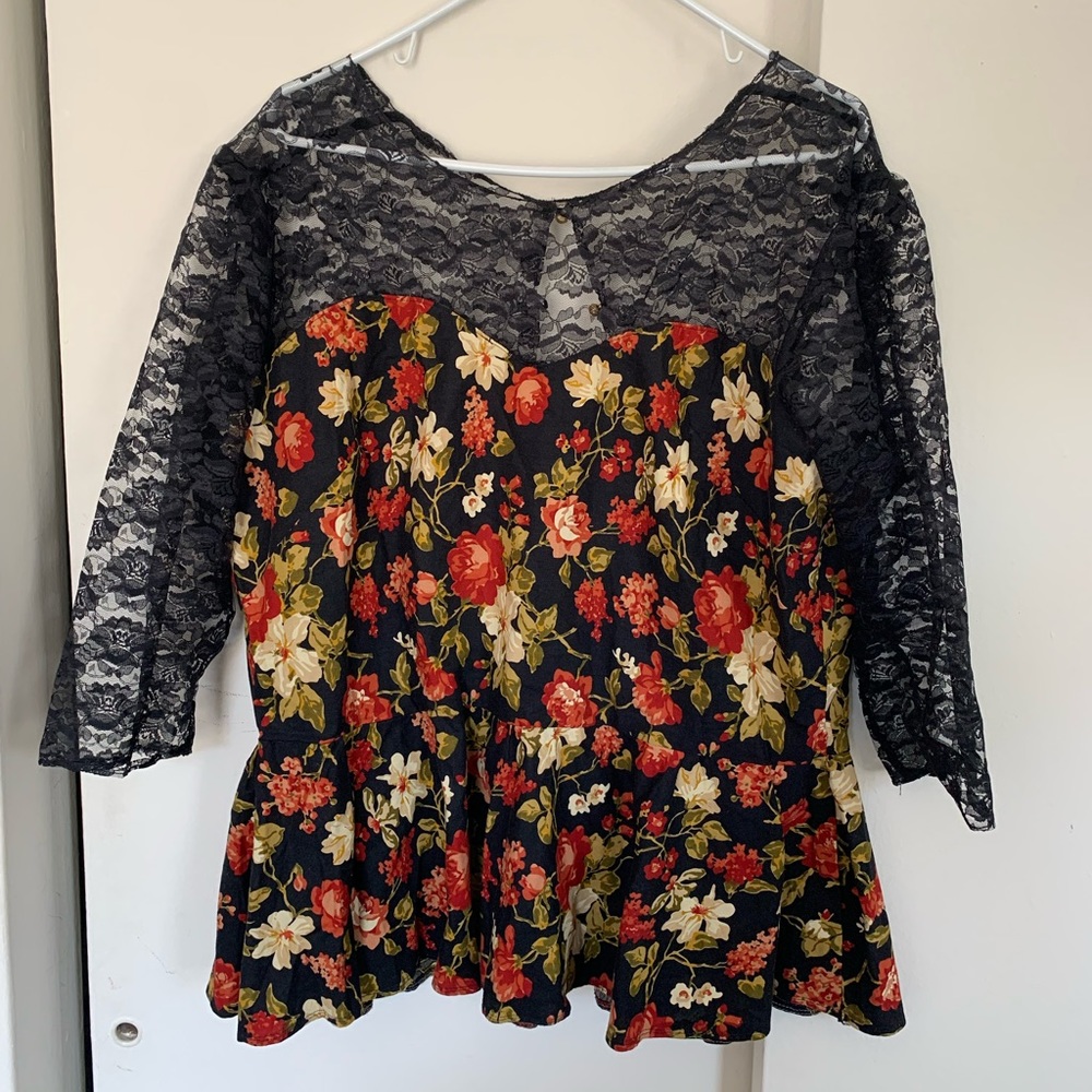 Black Floral Peplum Top Size 18 Handmade